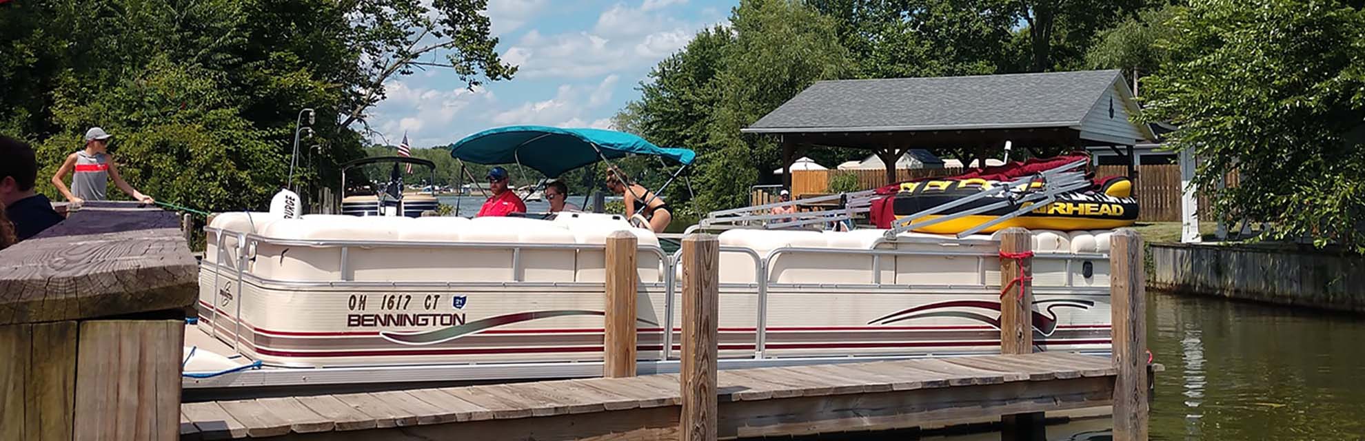 Pontoon boats docked at The Copper Penny on Buckeye Lake in Perry County, Ohio