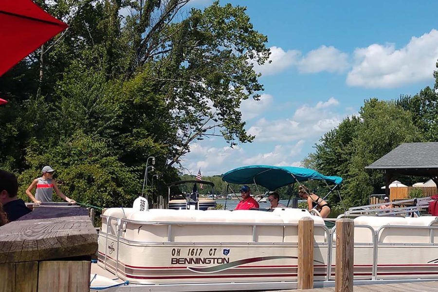 Pontoon boats docked at The Copper Penny on Buckeye Lake in Perry County, Ohio