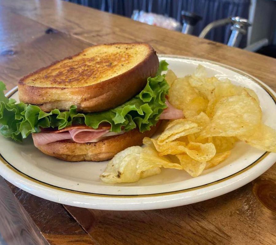 Sandwich with lettuce and potato chips at The Corner News in downtown New Lexington, Perry County, Ohio