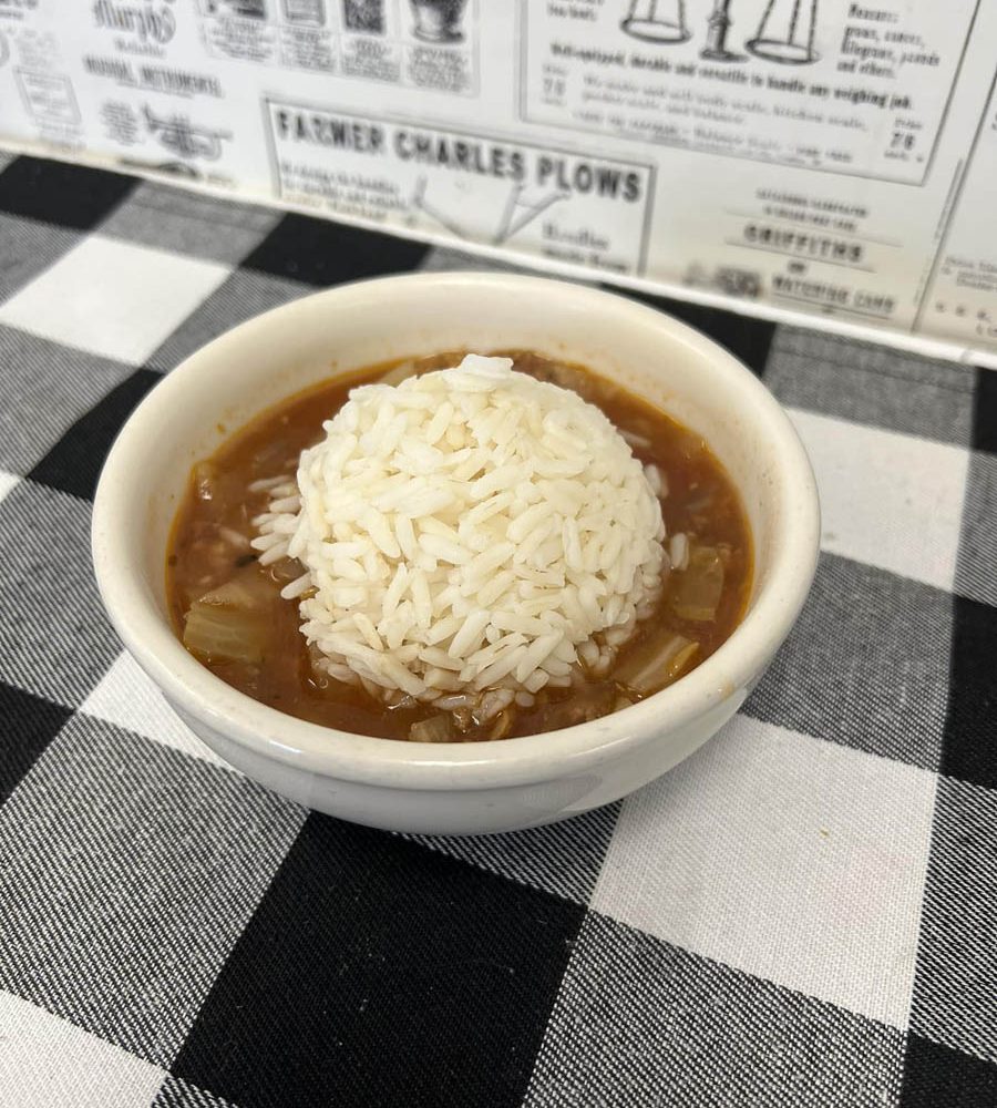 Bowl of gumbo with ball or white rice at The Corner News in downtown New Lexington, Perry County, Ohio