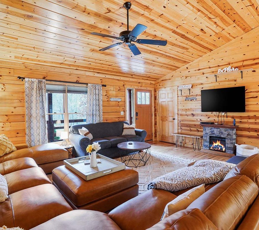 Living room with mounted television and fireplace at Honeybee Hideaway in Logan, Monday Creek, southern Perry County, Ohio