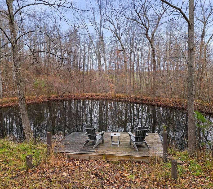 Two chairs sitting on deck at edge of small pond among tall trees at Honeybee Hideaway in Logan, Monday Creek, southern Perry County, Ohio