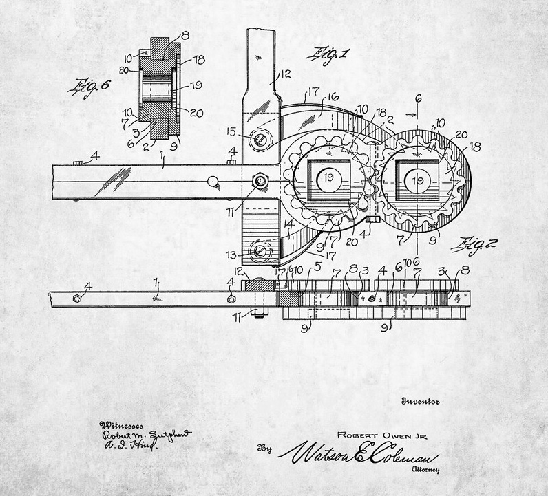 Robert Owen's drawing for his 1913 patented Double Acting Ratchet Wrench.