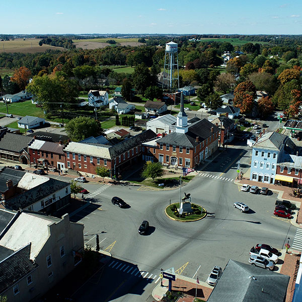 Aerial view of Somerset, Perry County, Ohio town square with roundabout