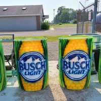 Colorful, giant Busch Beer Barrels on display at Thornville Hardware in Thornville, Perry County, Ohio