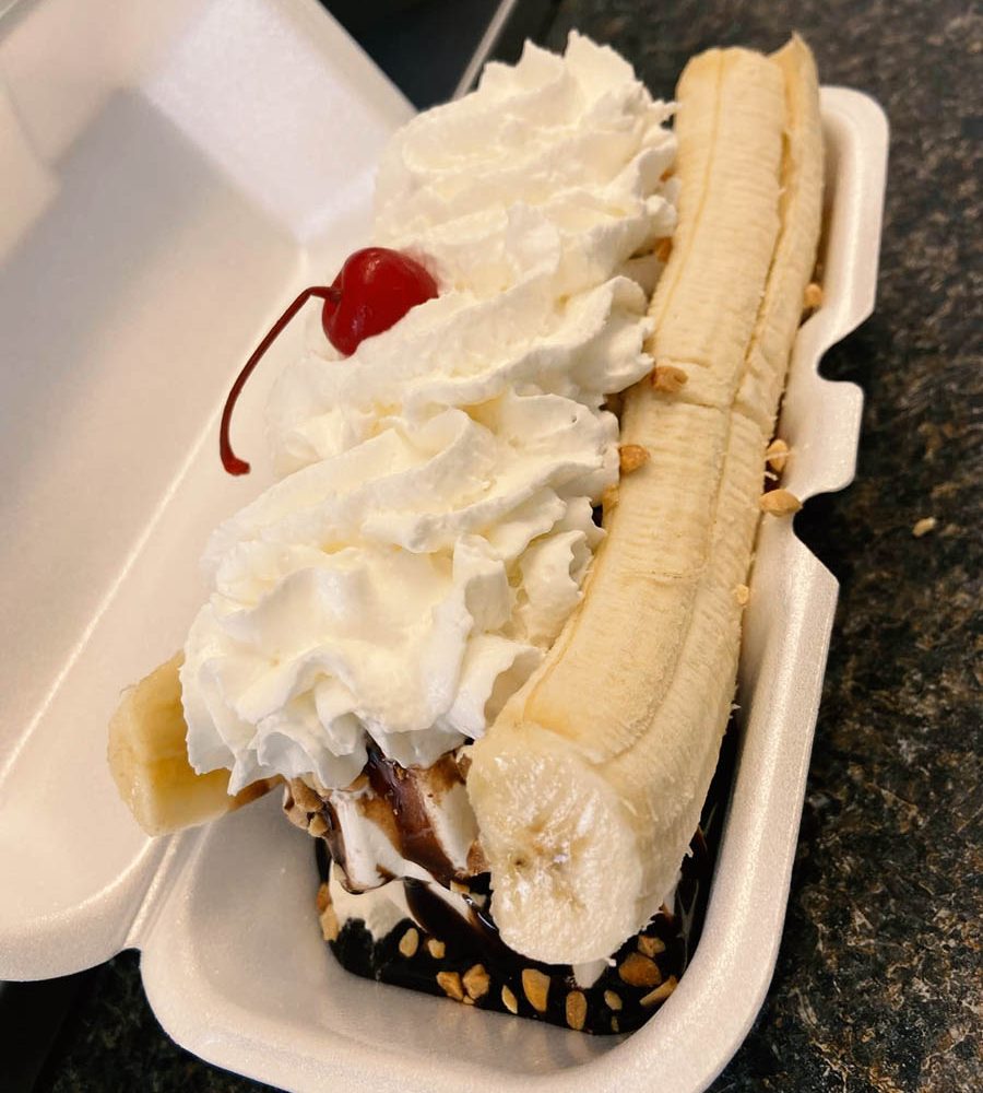 A banana split served at Ceramics Chill-N-Grill