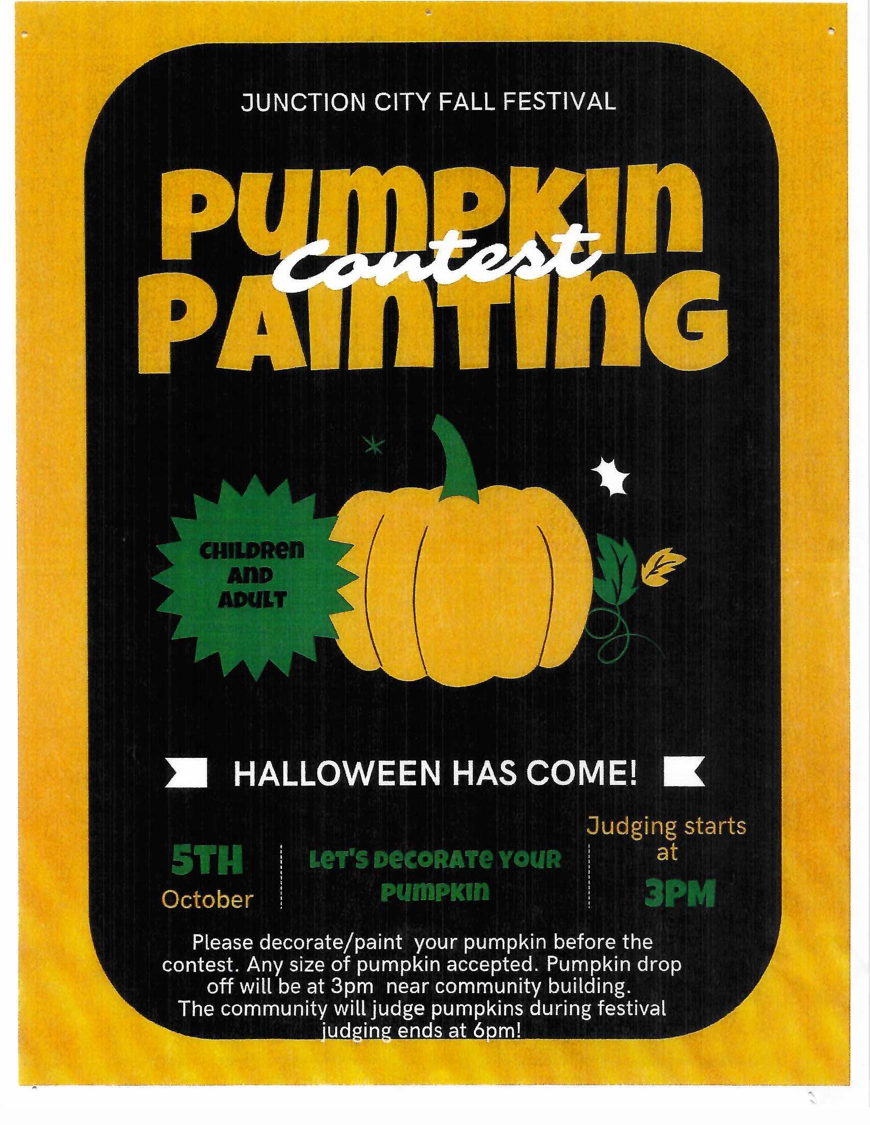 Join us in Junction City Ohio on October 5th for the Pumpkin Painting Contest.