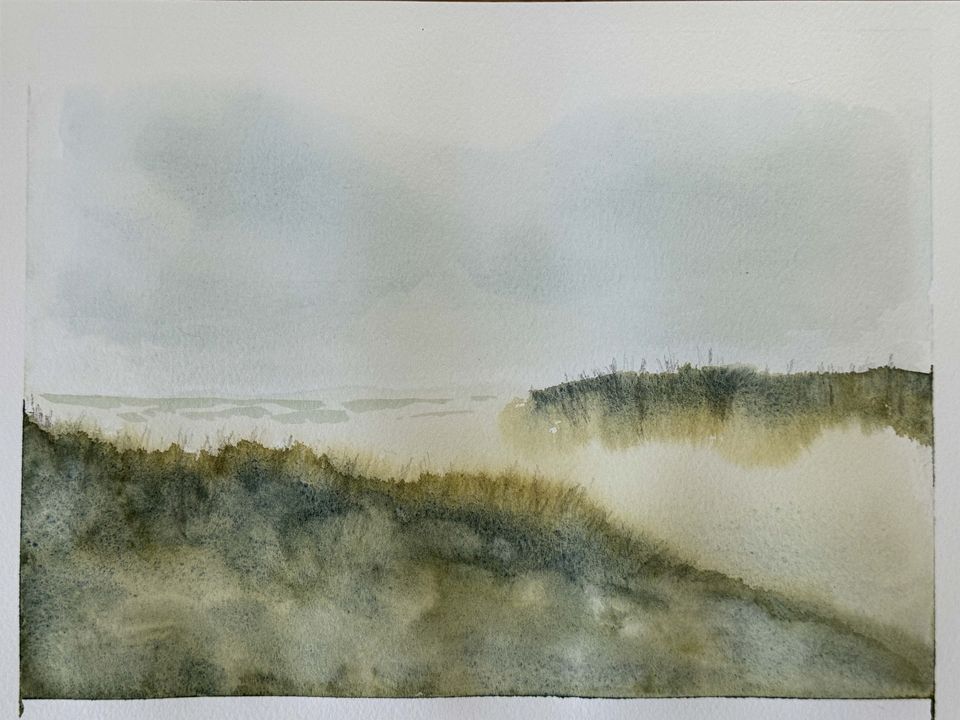 A watercolor painting of rolling hills.